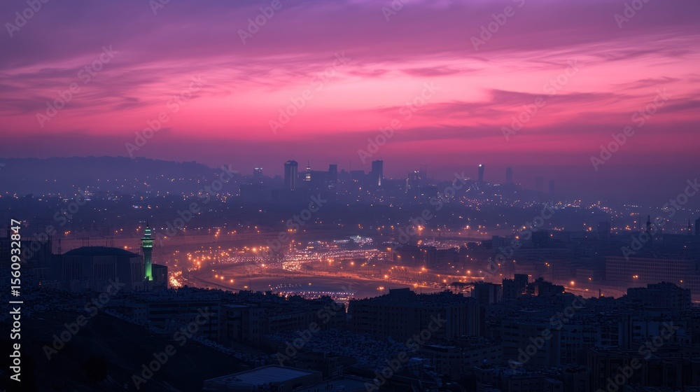 Obraz premium Cityscape at twilight, illuminated by streetlights.