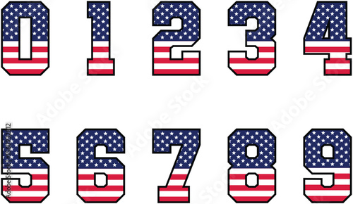 Patriotic Number Set: A striking graphic showcases a full collection of numbers (0-9), designed with an inspiring flag pattern of red and blue stripes, symbolizing pride and patriotism.