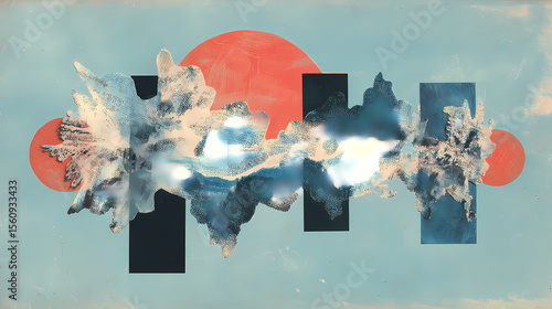 poster for ambient music release | ghost symmetry | floating lucidity | pale blue with coral mist | floating axis | rooted forms | rough halftone texture | mask-stencil | advertising culture |