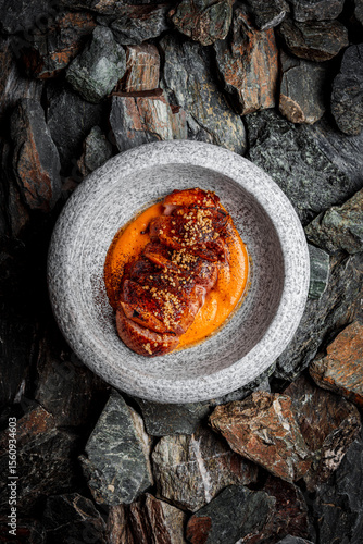 Baked Duck Fillet with Pineapple and Polenta on stones