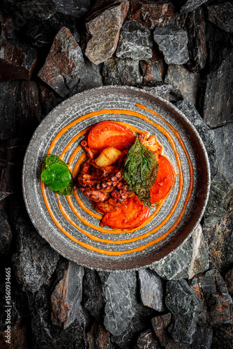Fried Octopus with Potatoes and Tomatoes on stones