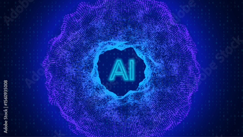 Ai Torus Background. Abstract  3d Tech Bg For Artificial Intelligence And Big Data Concept. Research Texture With Wave Energy And Glowing Effect. Blue And Purple Ai Torus Background.