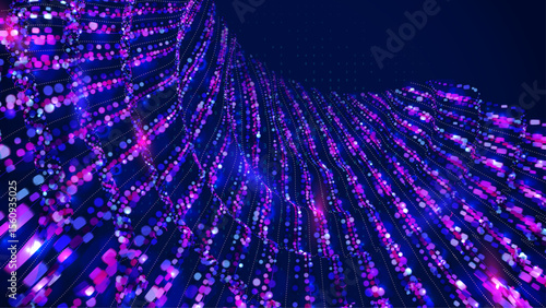 Blue Tech Dots Abstract Background. Bg For Ai And Big Data Concept With Lines, Numbers And Light. Geometric Particles Move Through The Digital Space, Forming Innovative Shapes. Vector Blue Tech Dots