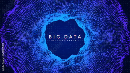 Big Data Torus Abstract Background. Technology Bg With Dynamic Dots And Numbers For AI Network. Geometric Shapes And Digital Grids Create A Modern, Futuristic Space. Blue Tech Big Data Torus