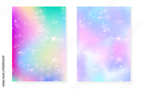 Unicorn background with kawaii magic gradient. Princess rainbow hologram. Holographic fairy set. Vibrant fantasy cover. Unicorn background with sparkles and stars for cute girl party invitation.