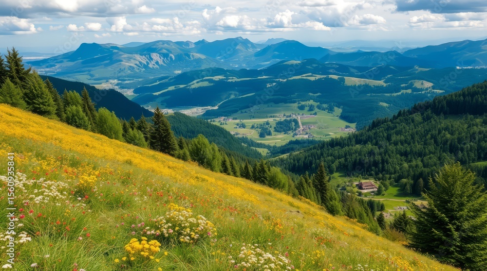 Fototapeta premium Green Mountains Horizon: An amazing mountain scene with layers of peaks meeting blue skies, a peaceful meadow in foreground of alpine landscape.