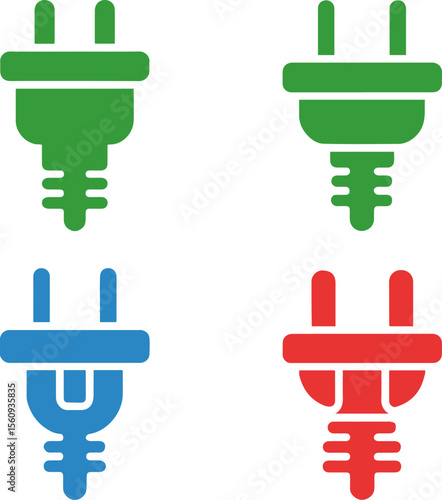 A graphic representation of four electrical plugs in green blue and red on a white background design