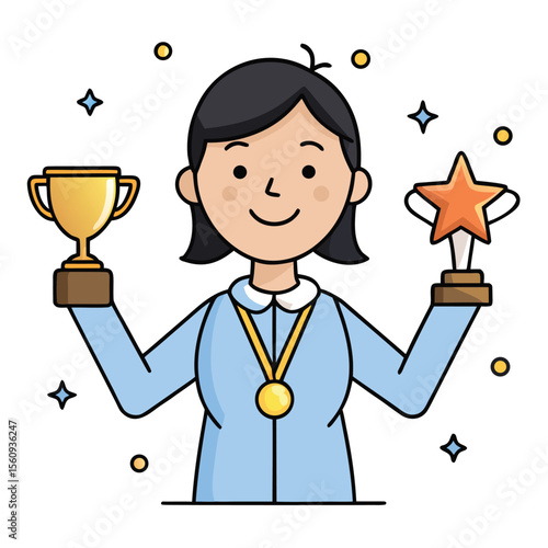 Celebrating Success Woman Holding Achievement Trophies and Medal