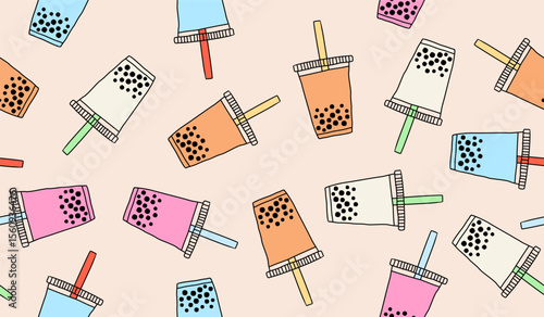 Cute bubble tea drink pattern background vector design