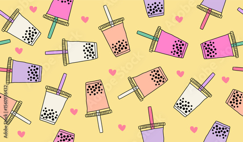 Cute bubble tea drink pattern background vector design