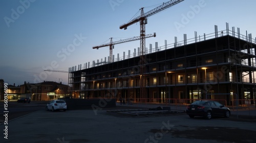 Construction site: Under a dusky sky, construction cranes loom over a new building frame in the early evening, illustrating the essence of progress and urban development.