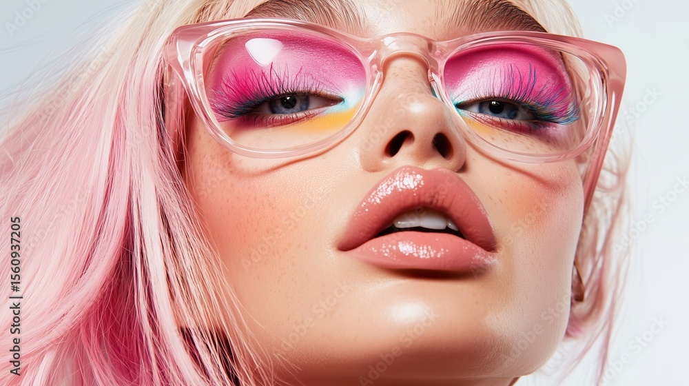 Fototapeta premium Bright pink makeup and stylish glasses create a vibrant look for a beauty-inspired portrait session in a studio