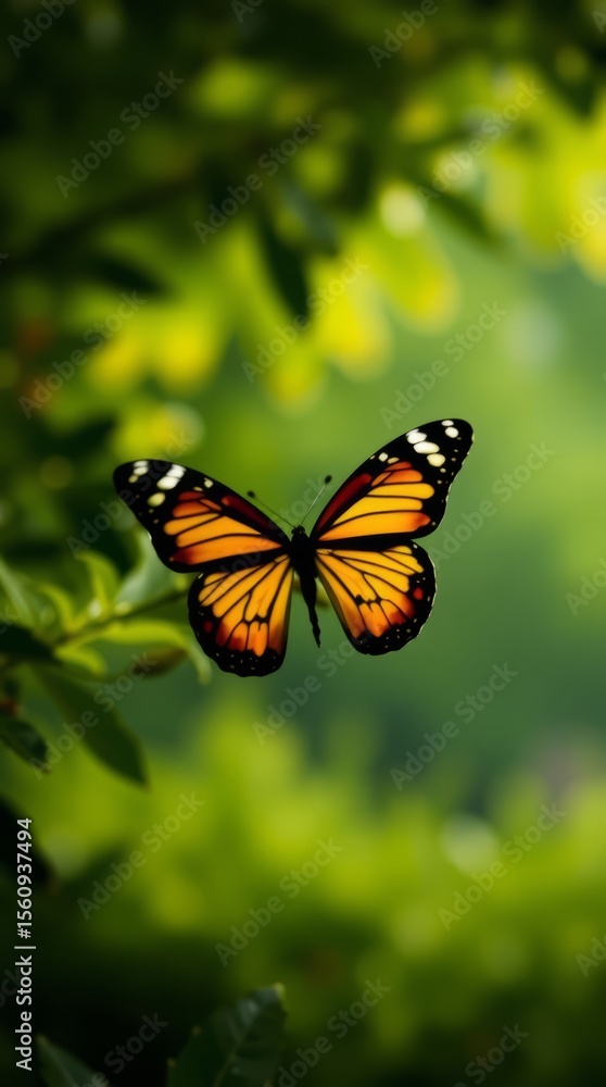 Naklejka premium Butterfly's Gentle Dance in Green Haven: The image captures a butterfly gracefully hovering amidst the vibrant green leaves, the sunlight casting a warm glow.