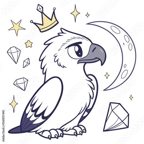 Bashful Griffin with with a tiny crown, set in a charming Starry night theme – Magical Night color vector art