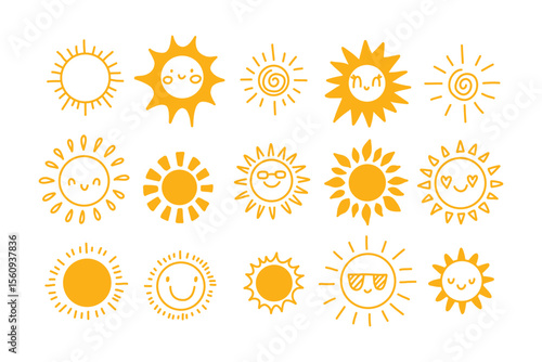 Cute sun collection. Happy cartoon characters. Summer hand drawn sunshine set for childish cards, invitations, posters, stickers. Yellow kids faces icons. Vector illustration