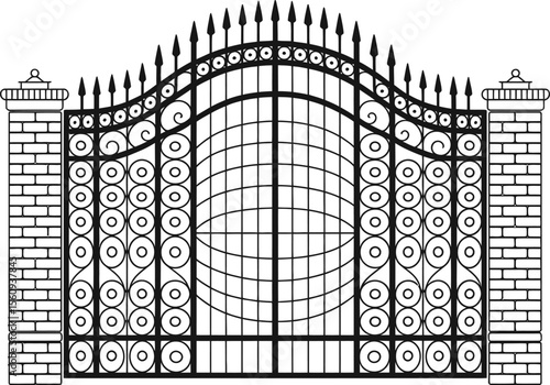 Ornate wrought iron gate with decorative scrollwork and brick pillars