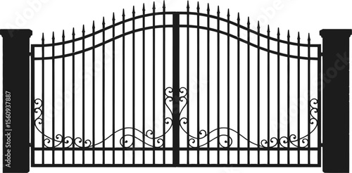 Elegant black wrought iron double gate with decorative scrollwork and pointed finials