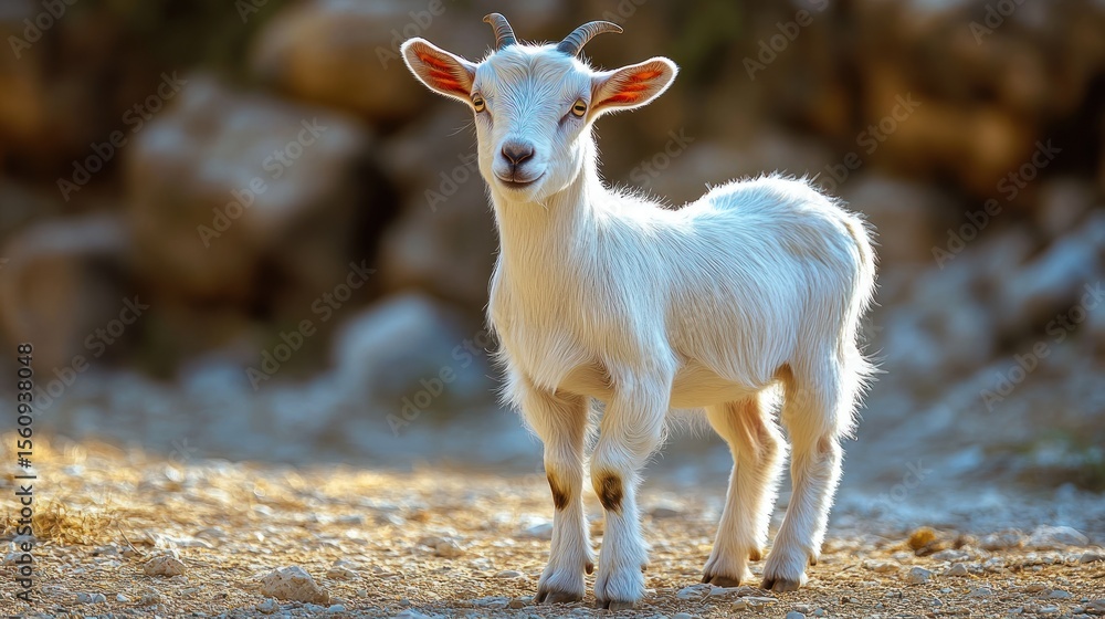 Naklejka premium White kid goat in sunny outdoor setting