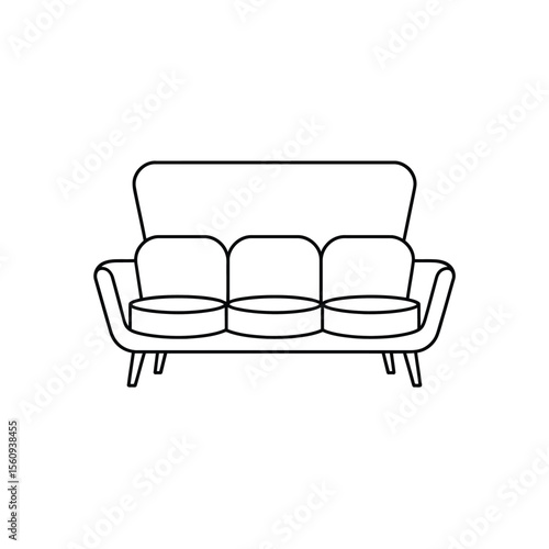 Simple line drawing of a three seater sofa with rounded cushions and legs