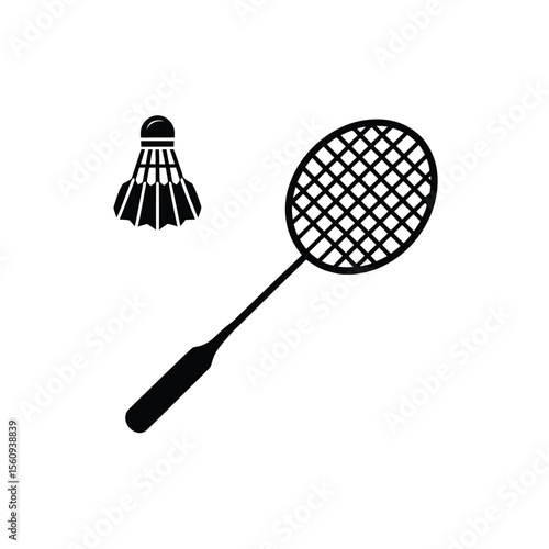 Black silhouette of a badminton racket and shuttlecock on a white background