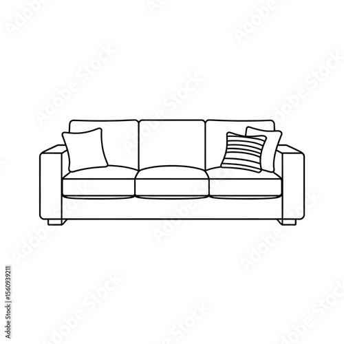 Simple line drawing of a modern three seater sofa with two decorative pillows