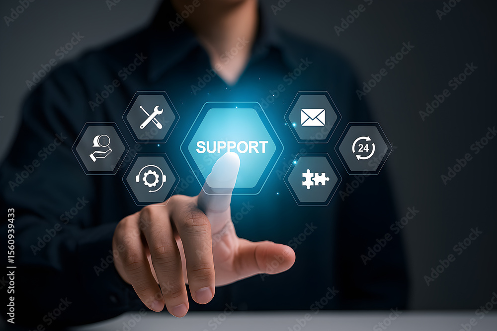 Technical Support Concept – Customer Service and Assistance Touching virtual “Support” icon for business helpdesk or tech assistance.
Technical Support Concept – Customer Service and Assistance Touching virtual “Support” icon for business helpdesk or tech assistance.