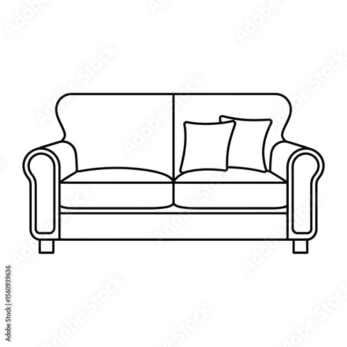 Classic sofa with rolled arms and two cushions line art illustration