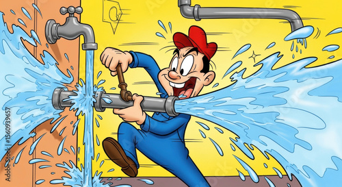 Cartoon plumber fixing leaky pipe illustration for plumbing services and home repair solutions search engine