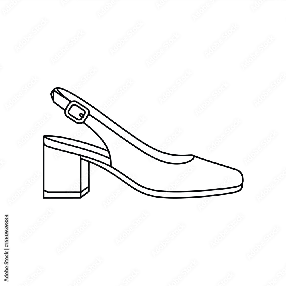 Fashionable black and white line drawing of a slingback shoe with a block heel Fashionable black and white line drawing of a slingback shoe with a block heel