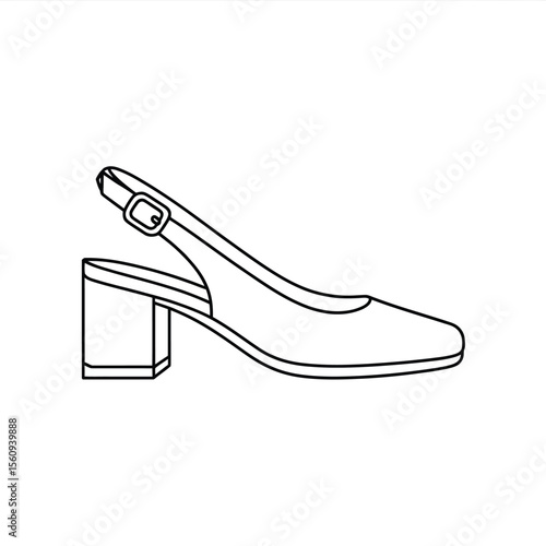 Fashionable black and white line drawing of a slingback shoe with a block heel