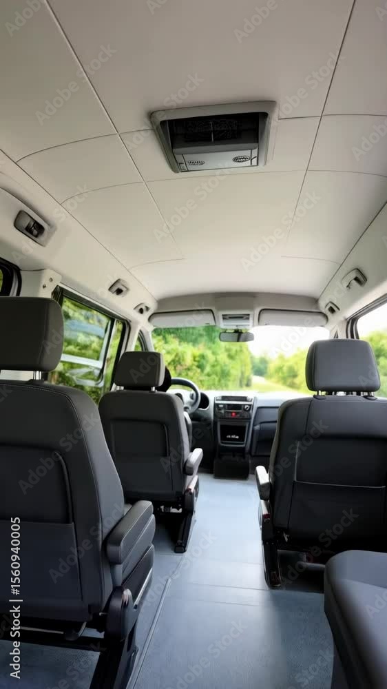 Clean interior of a passenger van offering comfortable transport, with seating arrangements and view of a leafy road outside Clean interior of a passenger van offering comfortable transport, with seating arrangements and view of a leafy road outside