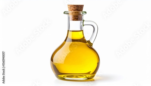 Golden olive oil in a glass carafe with cork stopper on white background