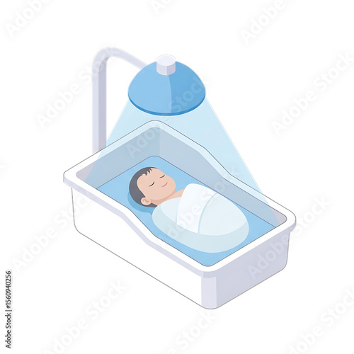 Infant in a hospital incubator or warming bed.