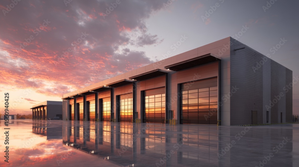 Fototapeta premium Industrial warehouse at sunset with vibrant sky reflecting on wet surface