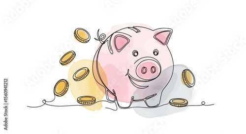 Pink piggy bank with gold coins, one line doodle drawing with watercolor fill, minimal vector on white
