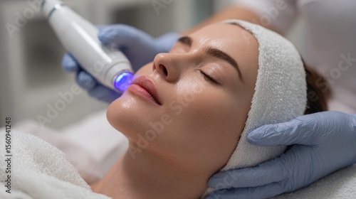 Skincare specialist performs facial treatment using device on woman's skin at beauty clinic