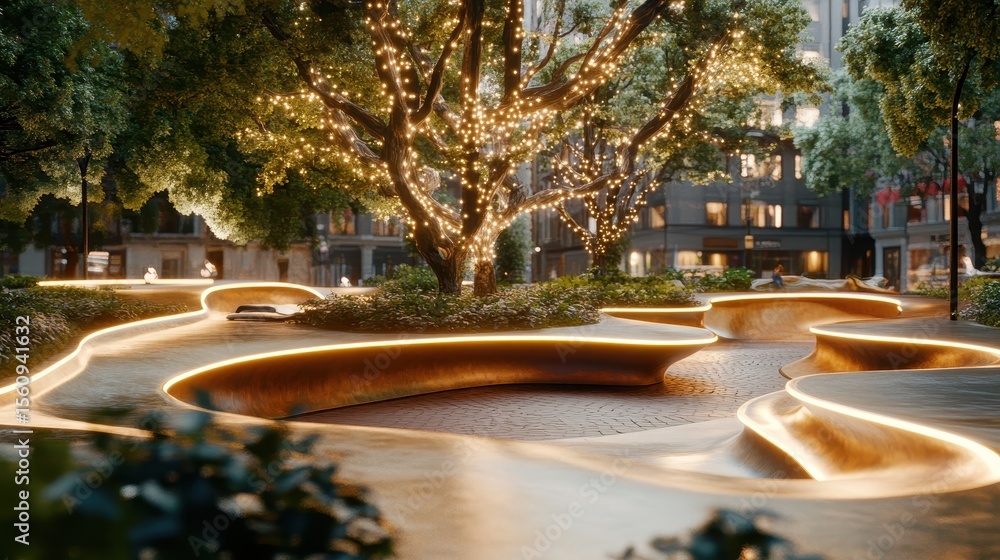 Fototapeta premium Illuminated Urban Park Bench Design With Tree Lights