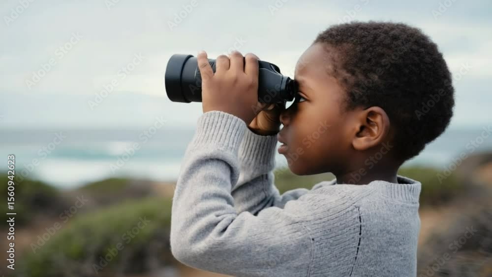 A curious young boy gazes through binoculars, engrossed in his surroundings as he explores the world around him. A curious young boy gazes through binoculars, engrossed in his surroundings as he explores the world around him.