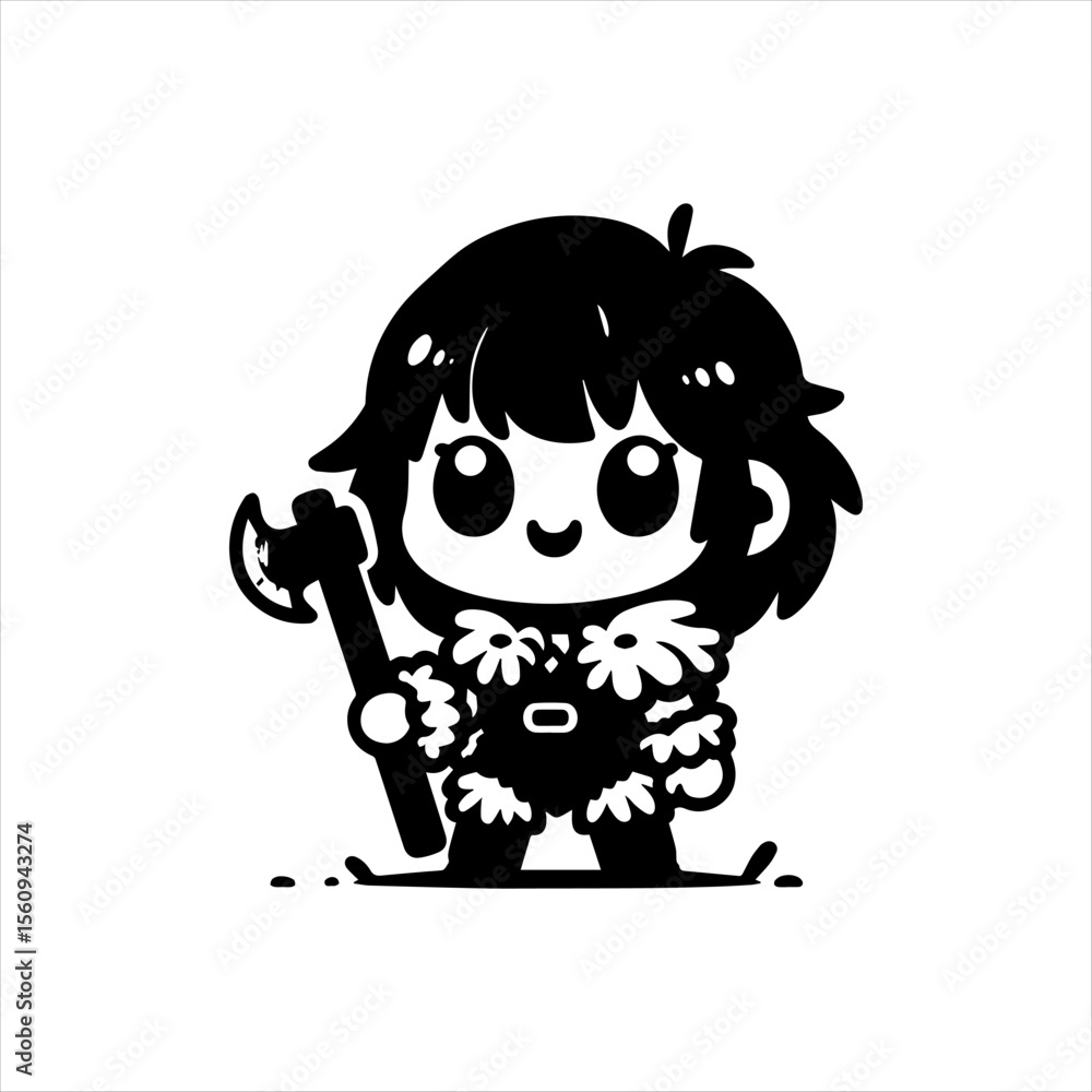 Naklejka premium Cartoon illustration of a cute viking character holding an axe, depicted in a minimalist black and white style.