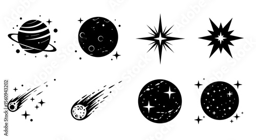 Illustration of planets with rings, moons, comets, and stars in a black and white design