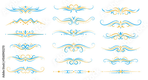 Collection of decorative dividers and borders in gold and blue with floral elements