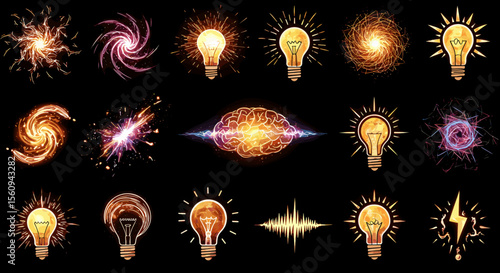 Collection of light bulbs, galaxies, brain and lightning on a black background art