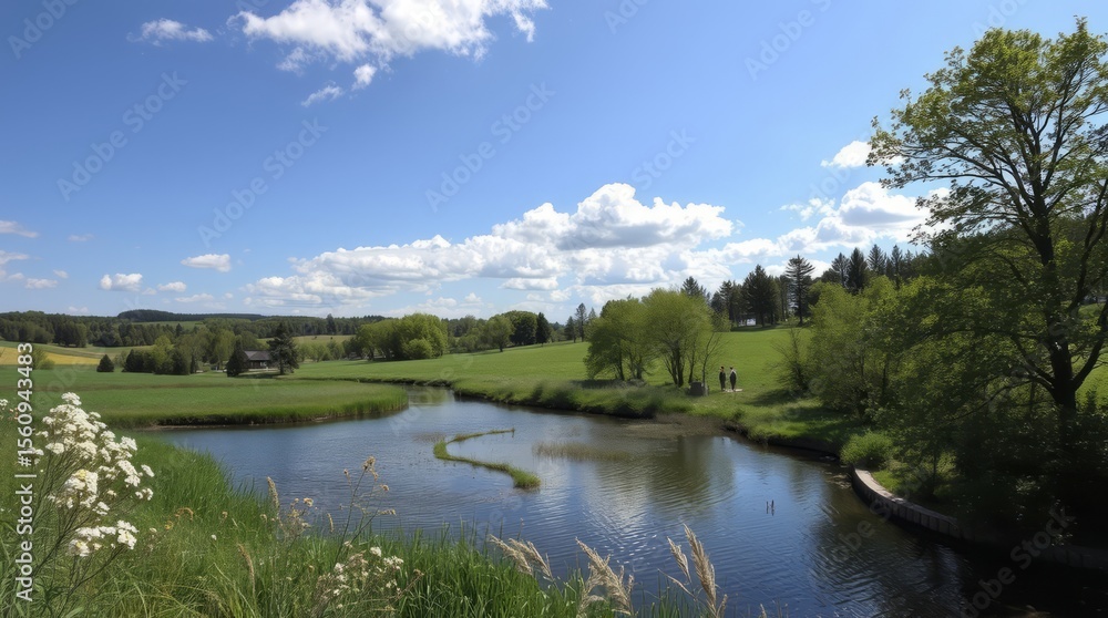 Idyllic Countryside Serenity: A tranquil river meanders through lush green fields, under a vibrant blue sky dotted with fluffy white clouds. Idyllic Countryside Serenity: A tranquil river meanders through lush green fields, under a vibrant blue sky dotted with fluffy white clouds.