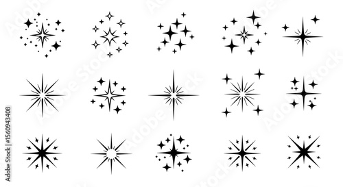 Illustration of fifteen starbursts and star clusters in black and white vector format