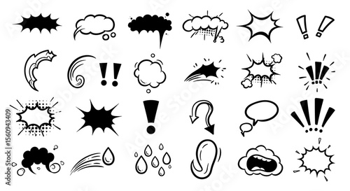 Collection of various black and white comic style speech bubbles and graphic elements art