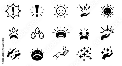 A collection of fifteen different black and white emotional expression and symbol icons