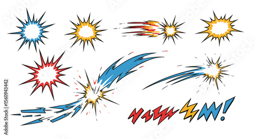 Illustration of various comic book style explosions and effects in different colors and forms