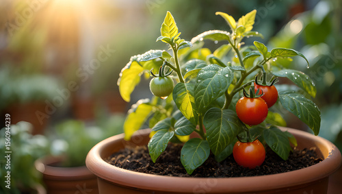 Colorful Tomato Plant Growing in a Home Garden Container