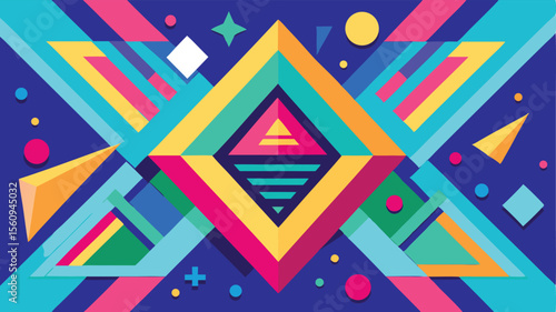 Abstract geometric composition with colorful shapes and translucent layers on blue background