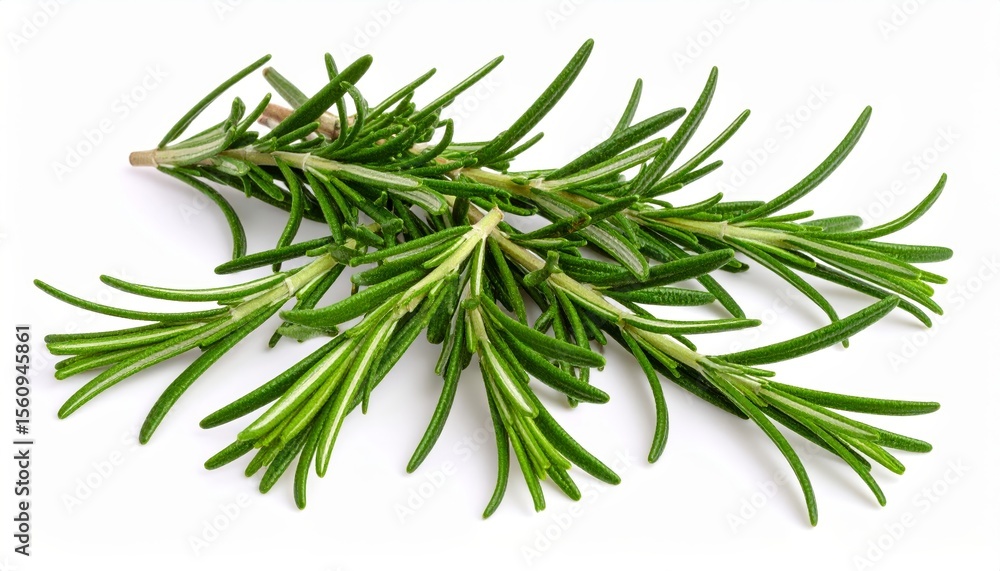 Fototapeta premium Fresh rosemary sprig, vibrant green leaves, aromatic herb on white background